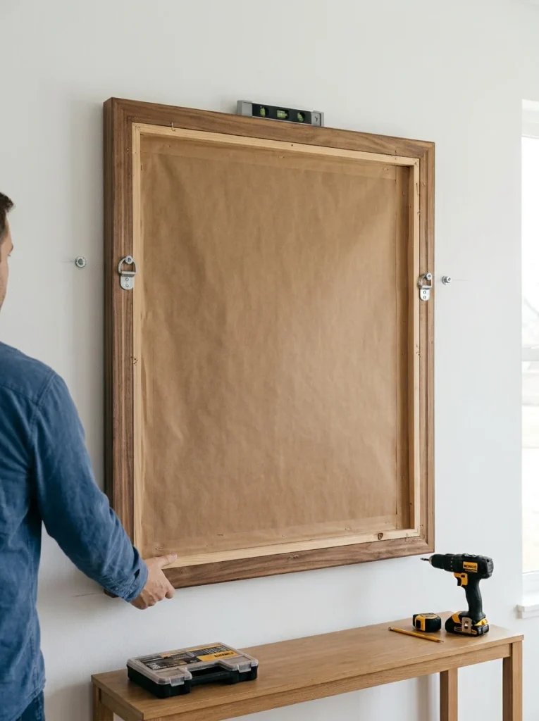 Heavy wall art secured using two evenly spaced mounting points.