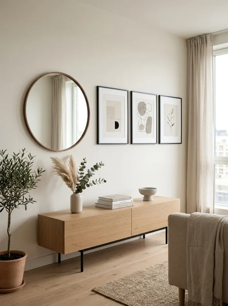 Decorative wall mirror and artwork installed with removable command strips.