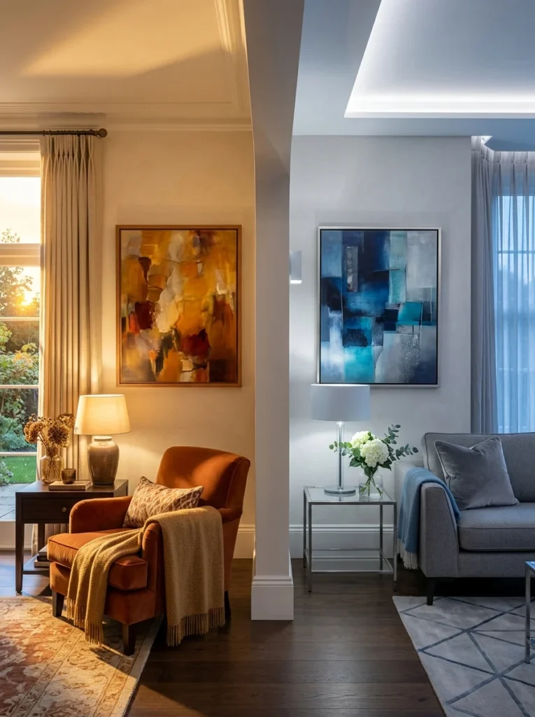 Interior showing warm and cool lighting paired with matching artwork for balanced room aesthetics.