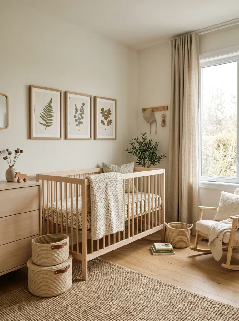 Neutral nursery decorated with framed artwork, patterned crib sheets, and cozy textiles.