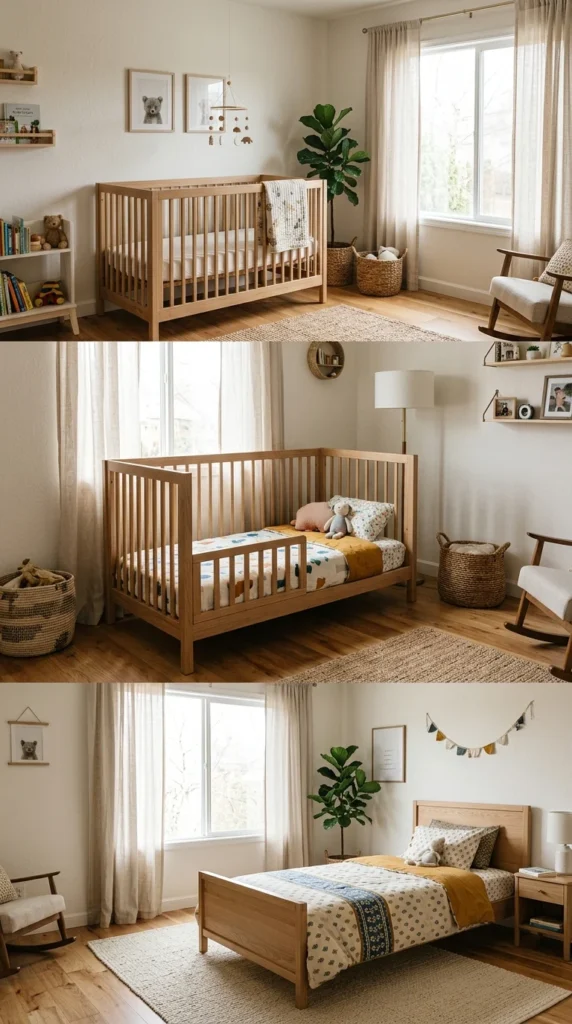 Convertible crib transforming from crib to toddler bed.