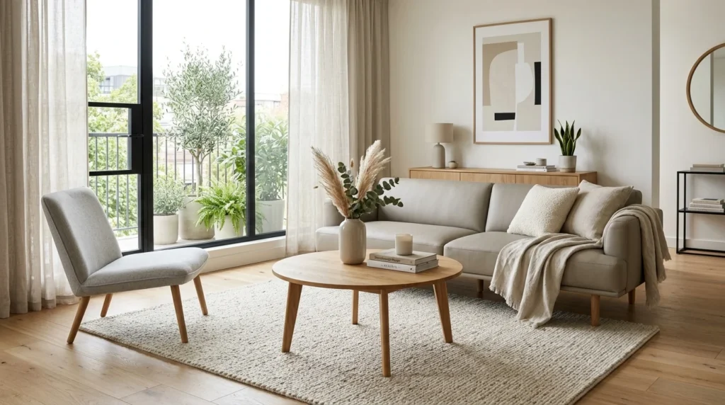 Clean-lined furniture in a warm minimalist interior.
