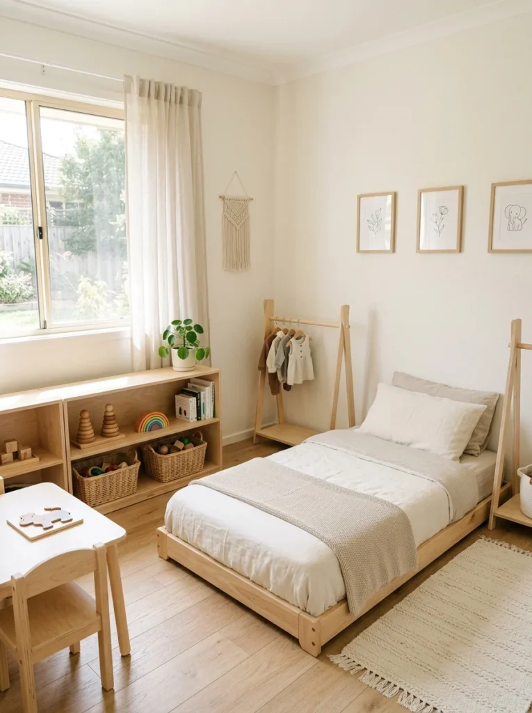 Peaceful Montessori bedroom with minimal clutter and neutral decor.