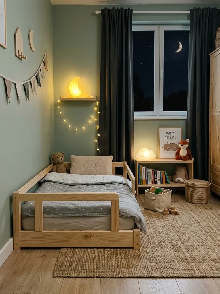Toddler floor bed with safety rails and snug mattress.