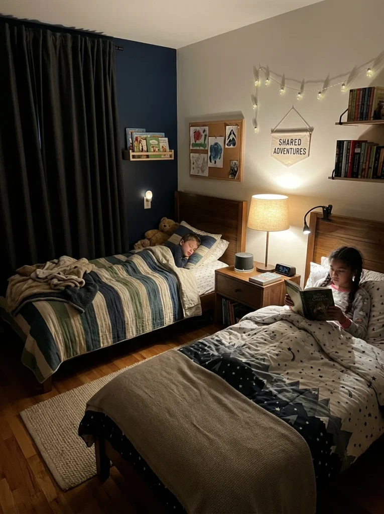 Shared bedroom with lighting and sound solutions for different bedtime routines.