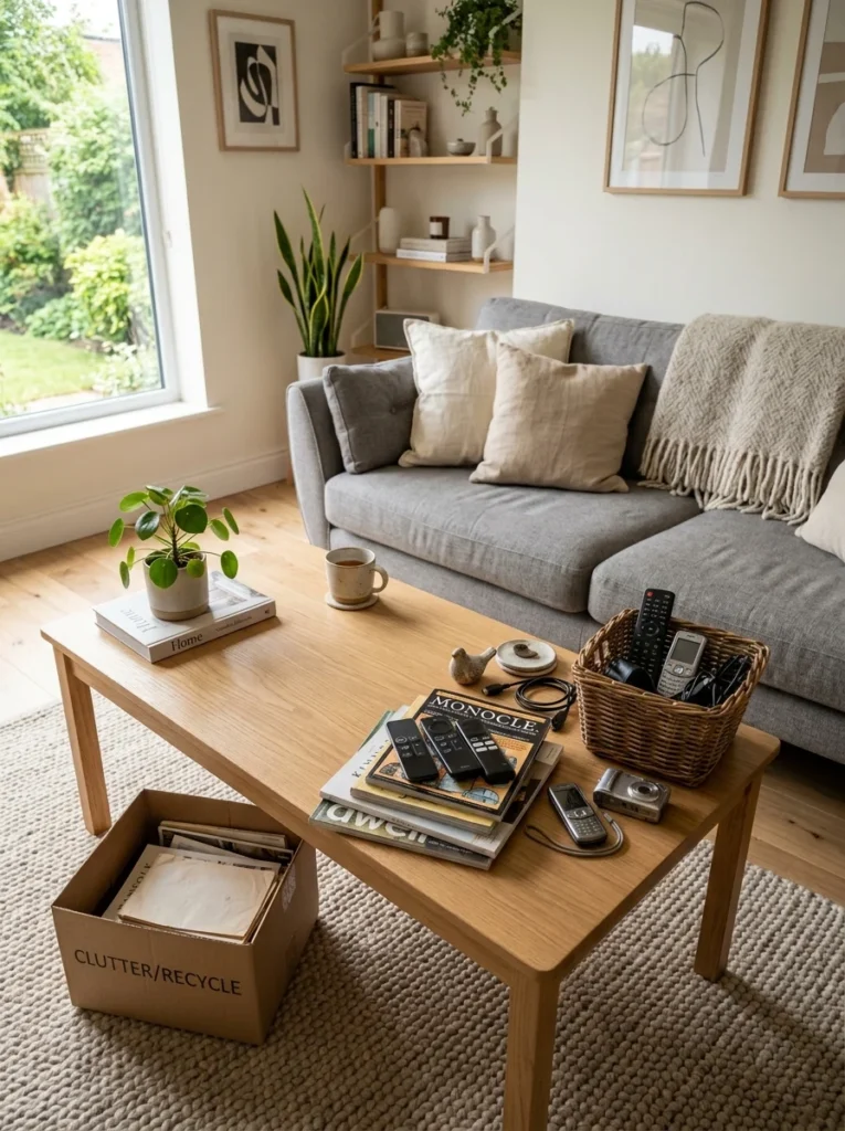 Clean modern living room with clutter-free surfaces and organized decor.