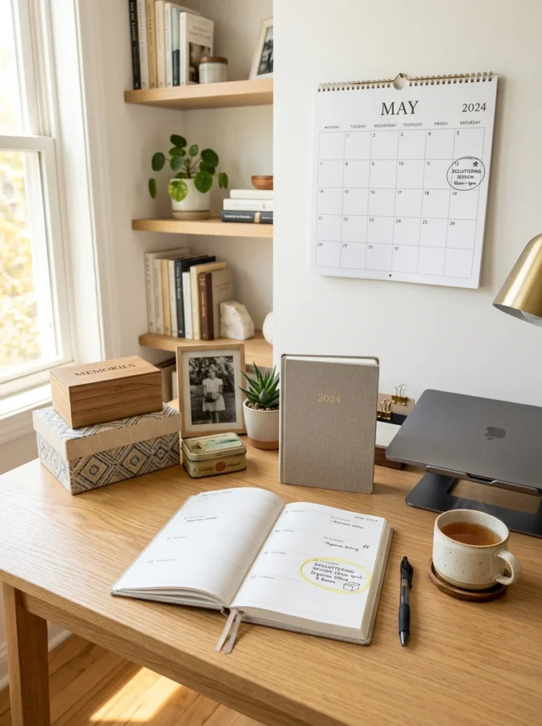 Planner and keepsake boxes prepared for an organized decluttering session.