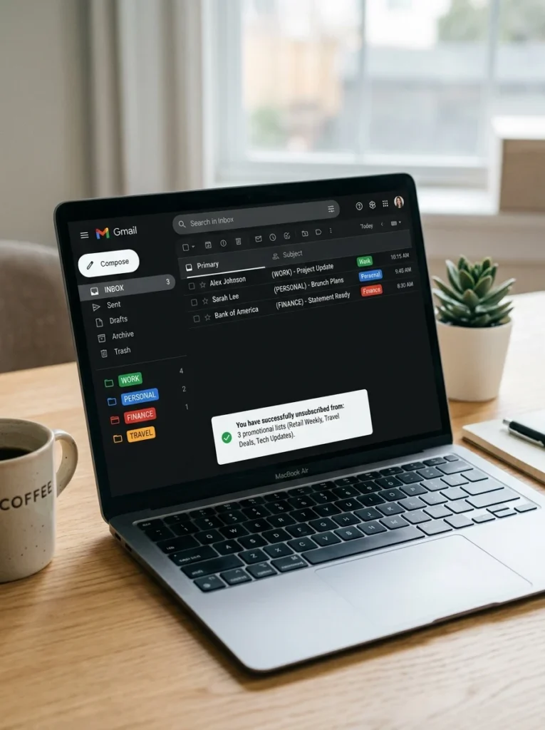 Clean email inbox with folders and unsubscribed promotional emails.