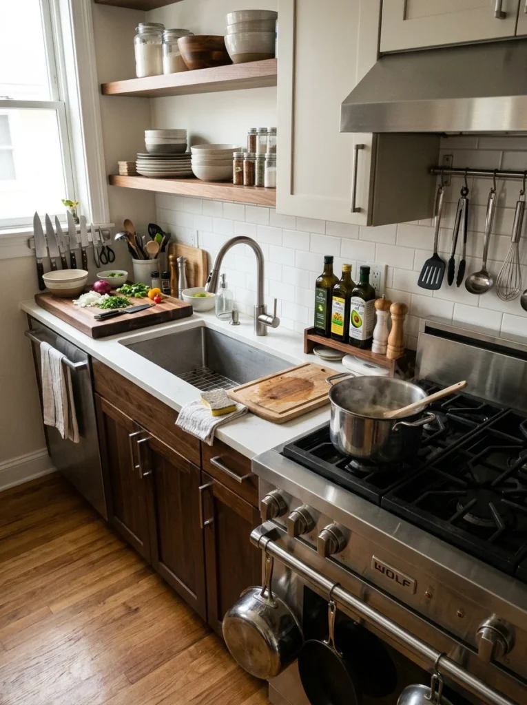 Compact kitchen organized into cooking, prep, and cleaning zones for better workflow.