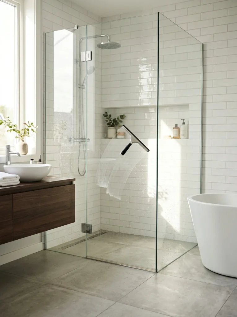Wiping shower glass immediately after taking a shower.