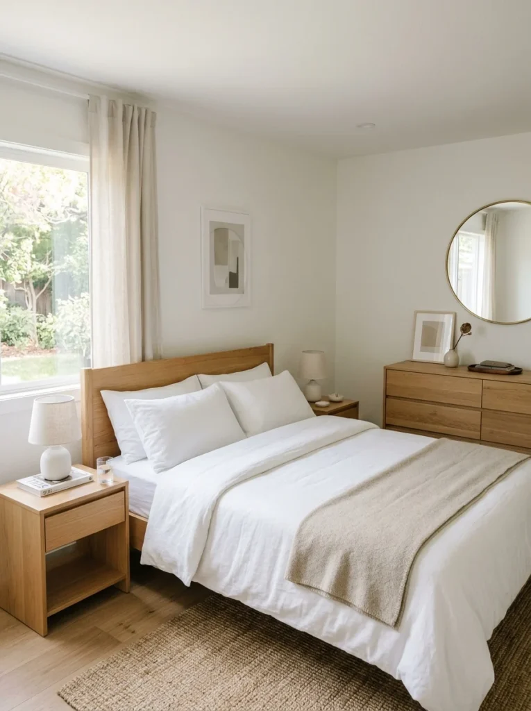 Organized bedroom with clean surfaces creating a peaceful relaxing environment.