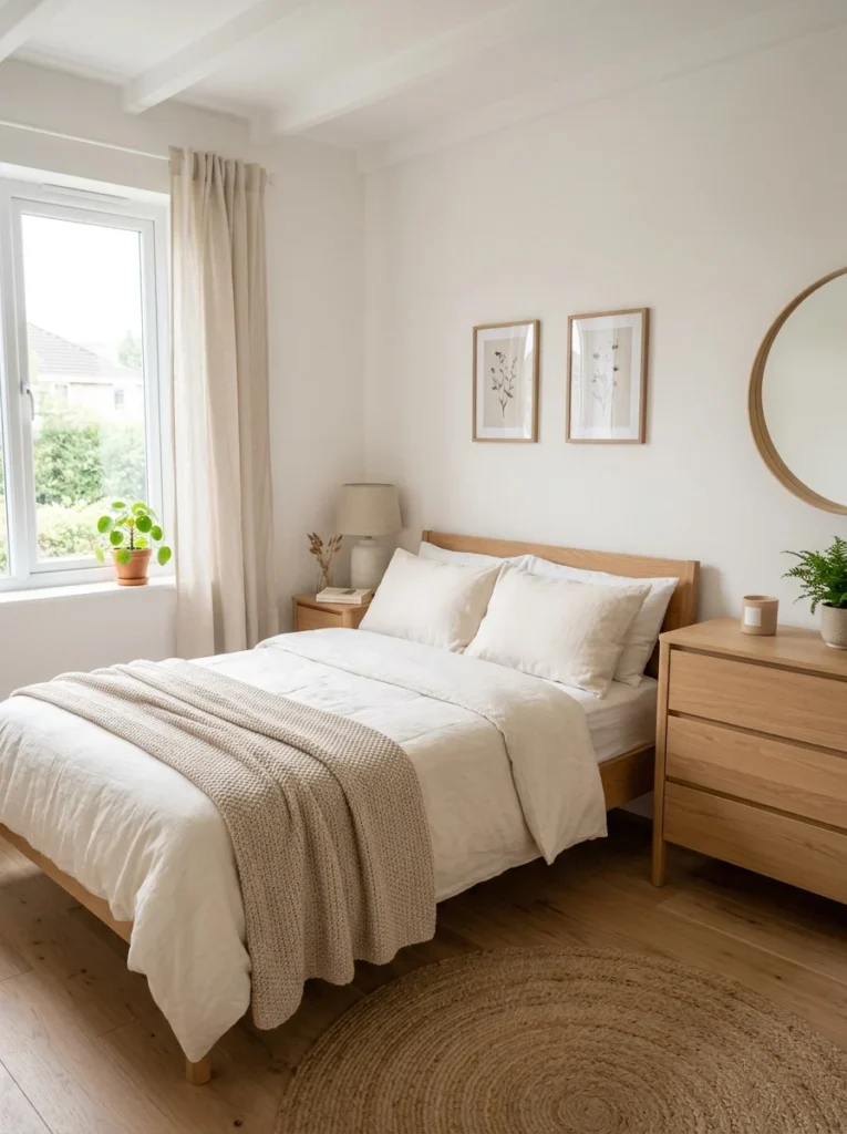 Small bedroom decorated with light neutral colors for an open airy feel.