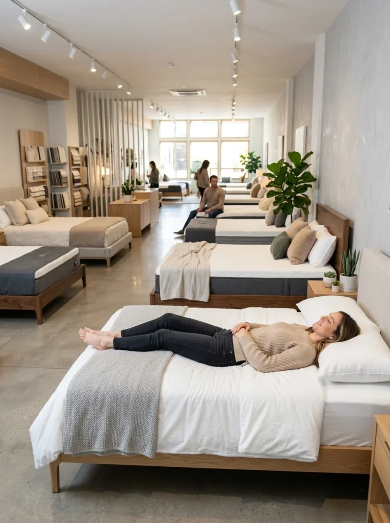 Customer testing different mattresses inside a modern mattress showroom.