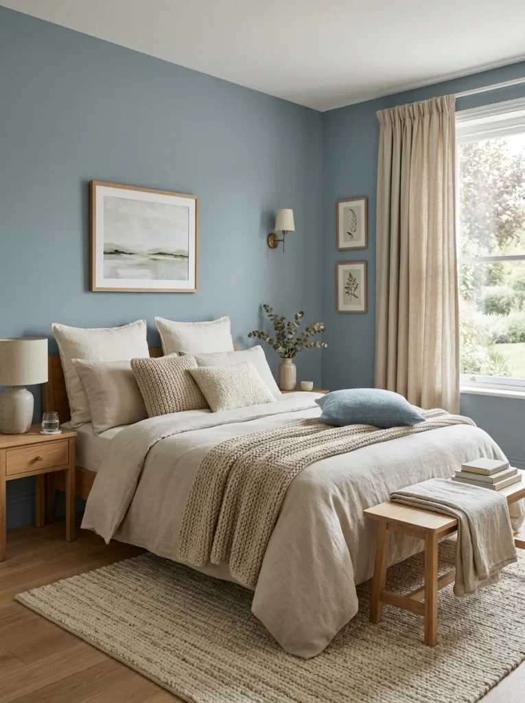 Soft neutral bedding paired with calming wall colors in a peaceful bedroom.