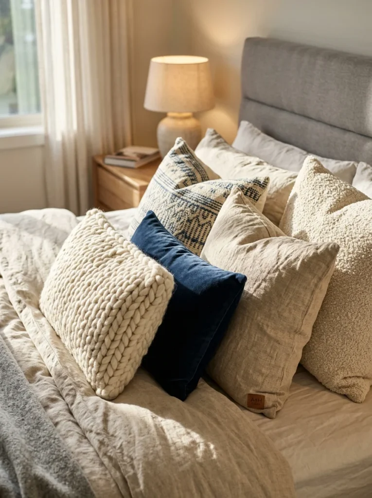 Decorative pillows featuring mixed linen, velvet, knit, and woven textures.