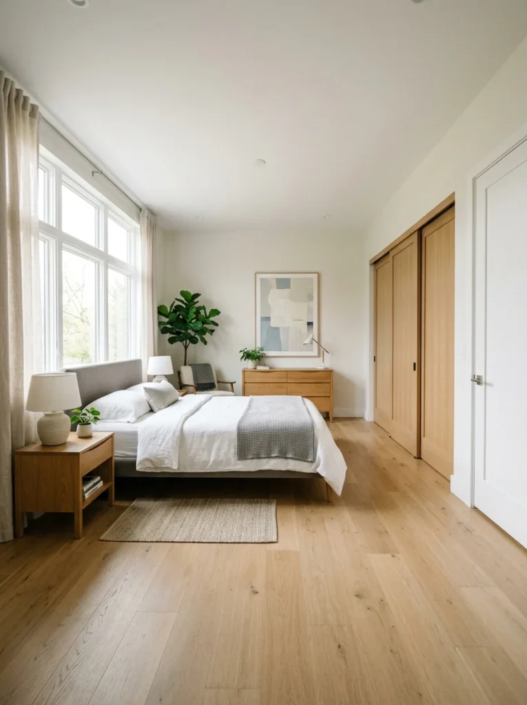 Bedroom furniture arranged with enough clearance for fully opening bedroom and closet doors.