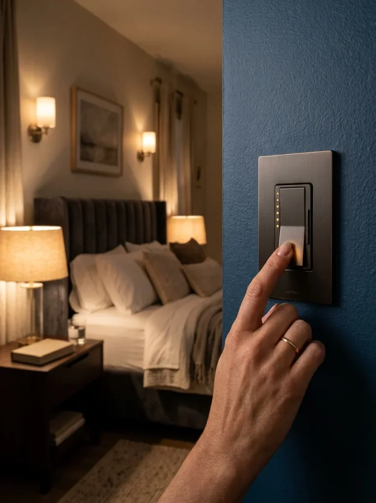 Modern dimmer switch controlling soft warm lighting inside a bedroom.