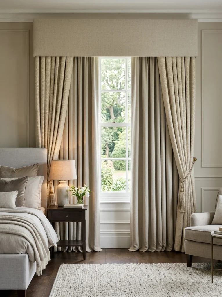 Blackout curtains layered with a valance for improved light blocking.