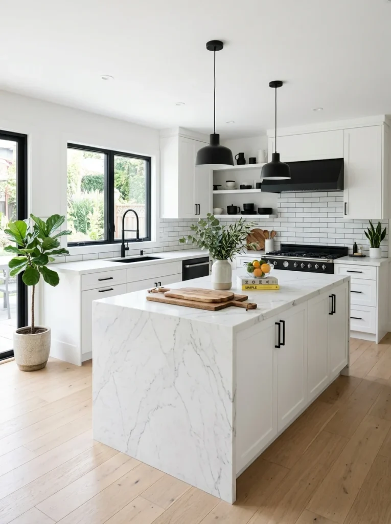 Modern black and white kitchen with marble countertops and wood accents.
