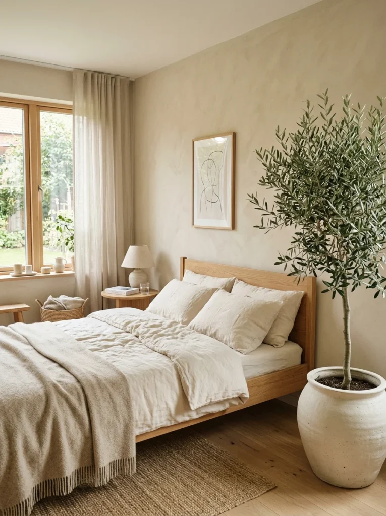 Warm minimalist bedroom featuring a large indoor plant, natural wood furniture, and neutral decor.