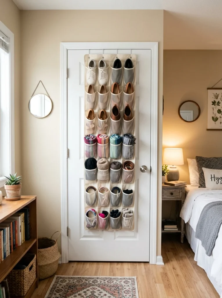 Over-the-door organizer holding shoes and accessories to maximize bedroom storage.