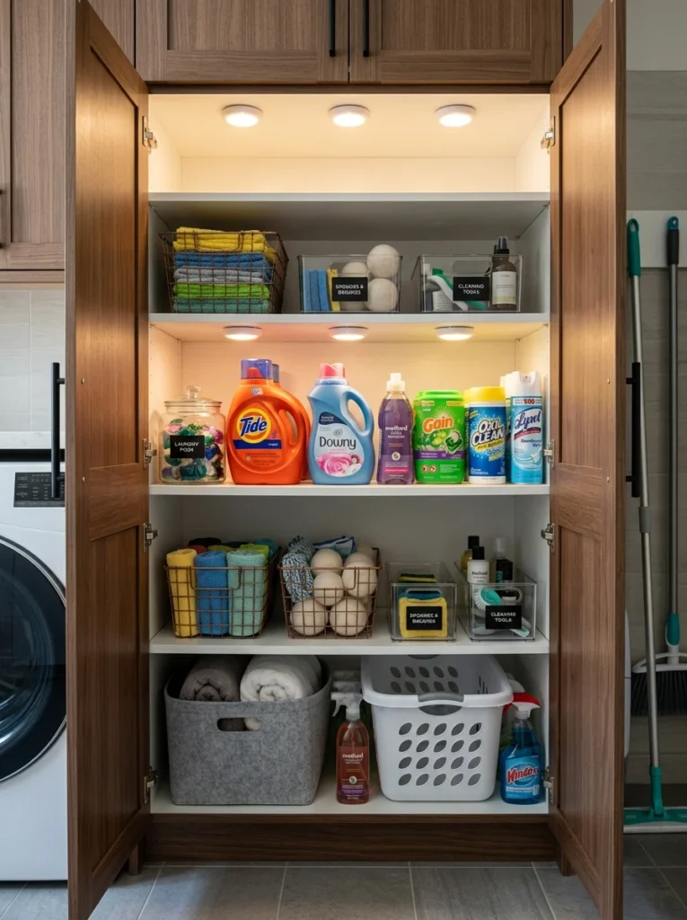 Laundry cabinet with LED puck lights highlighting detergent bottles and organized storage.