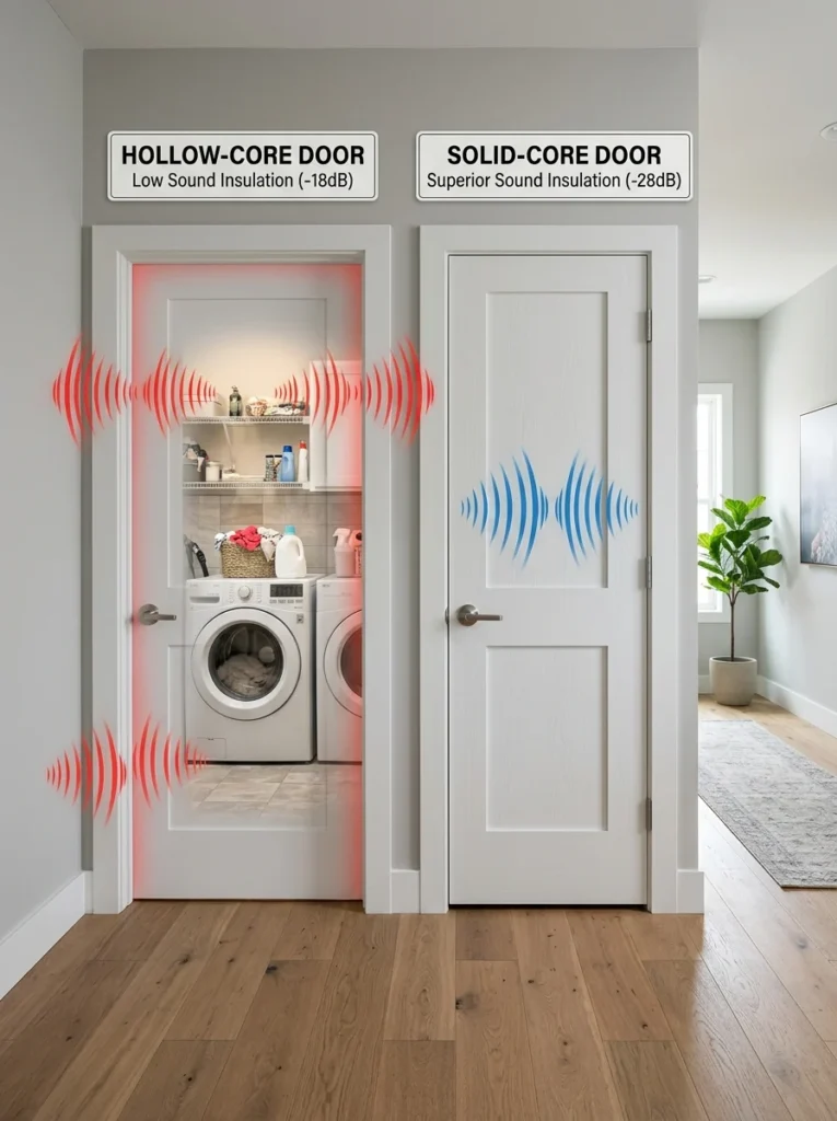 Solid-core laundry room door replacing a hollow-core door for improved sound reduction.