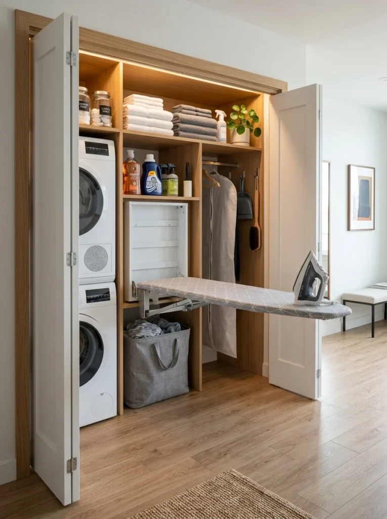 Wall-mounted fold-down ironing board inside a small laundry closet.
