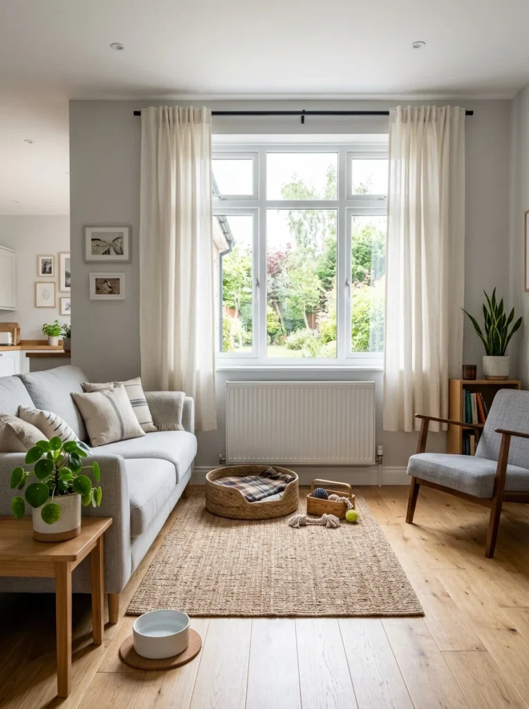 Curtains ending above the floor for pet-friendly and functional living spaces.
