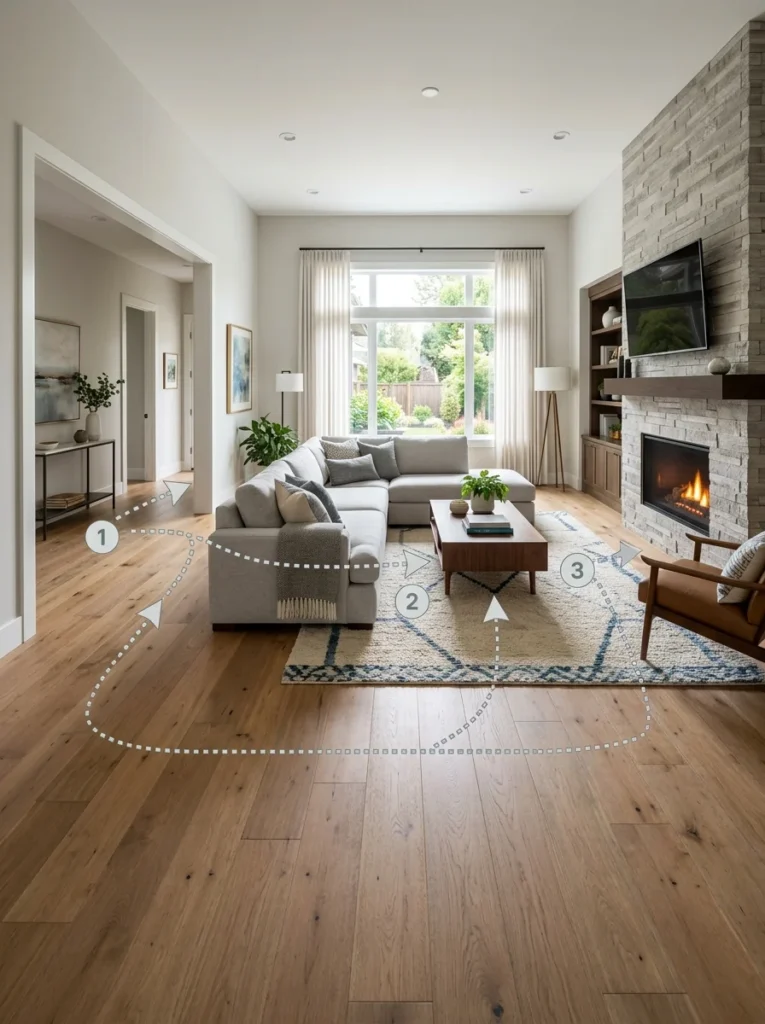 Clear walking space around a sectional sofa for easy movement through the room.