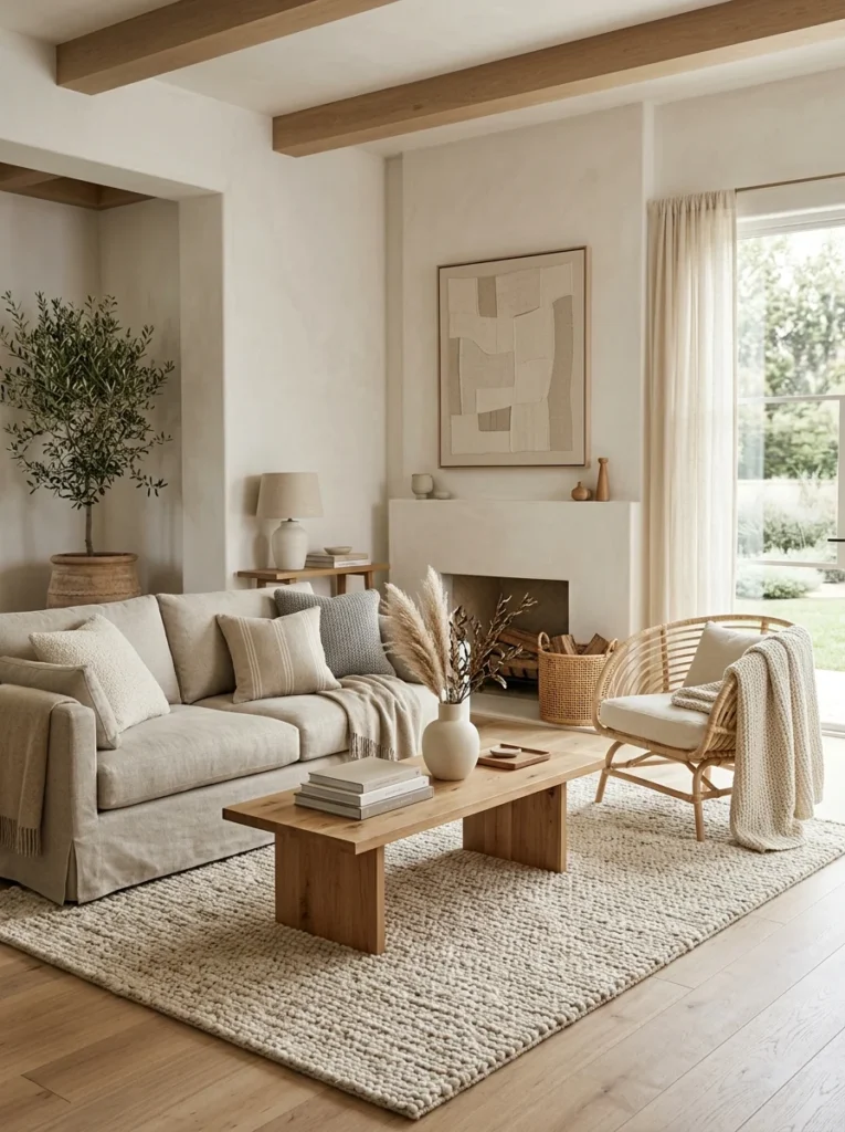 Neutral color palette allowing different textures to stand out in a living room.