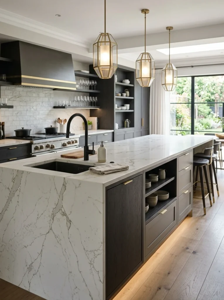 Custom kitchen island featuring an integrated sink and luxury finishes.