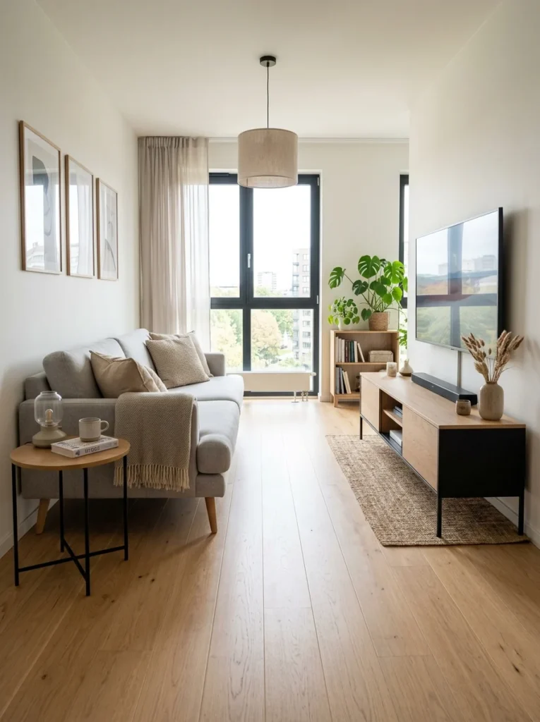 Living room furniture with exposed legs making a small rental appear more open.