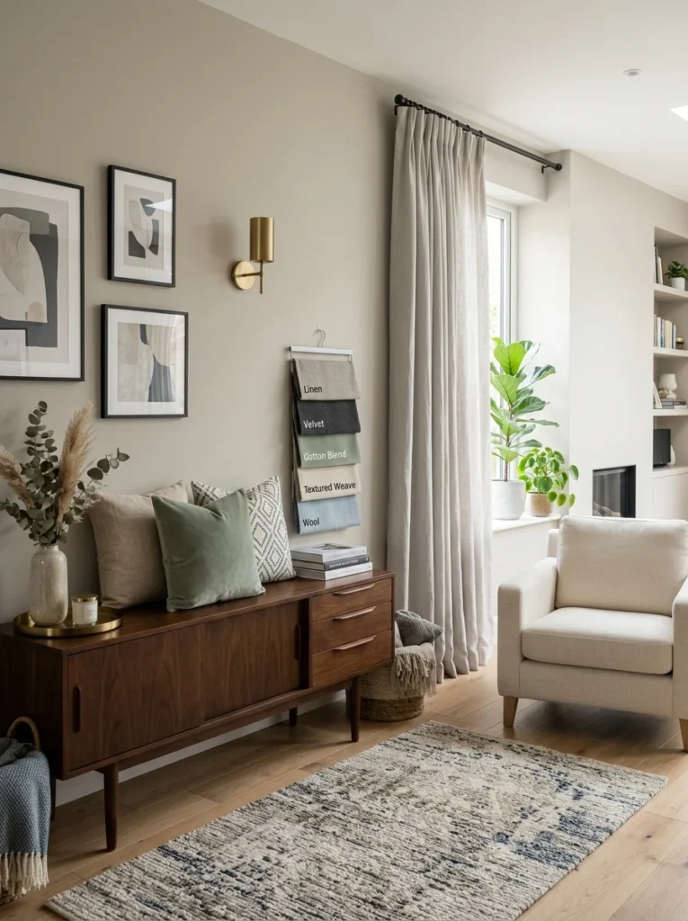 Living room paint color tested alongside furniture fabrics and home décor.