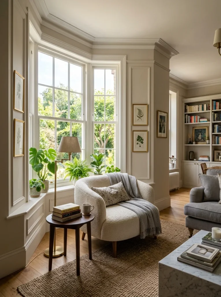 Living room seating arranged around a bay window and angled wall for a balanced layout.