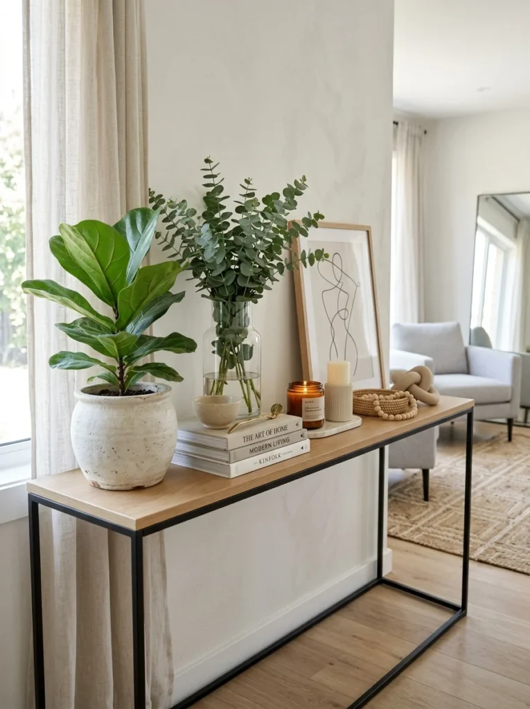 Green plants bringing life to a console table arrangement.