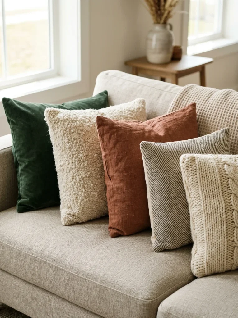 Velvet, boucle, linen, and woven throw pillows adding texture to a sofa.