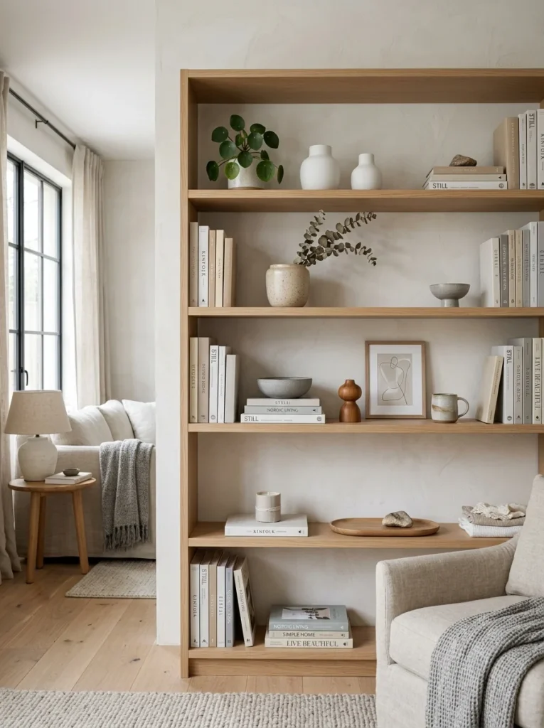 Neutral-colored open shelving decorated with matching books, ceramics, and accessories.