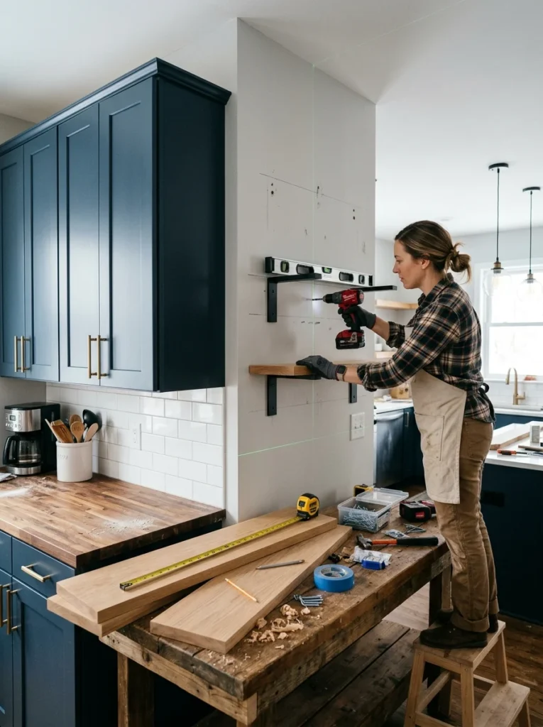 DIY installation of floating shelves compared with professionally installed upper cabinets.