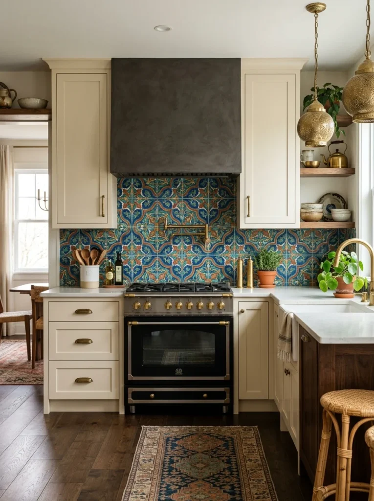 Decorative Moroccan-inspired patterned tile backsplash behind a kitchen stove.