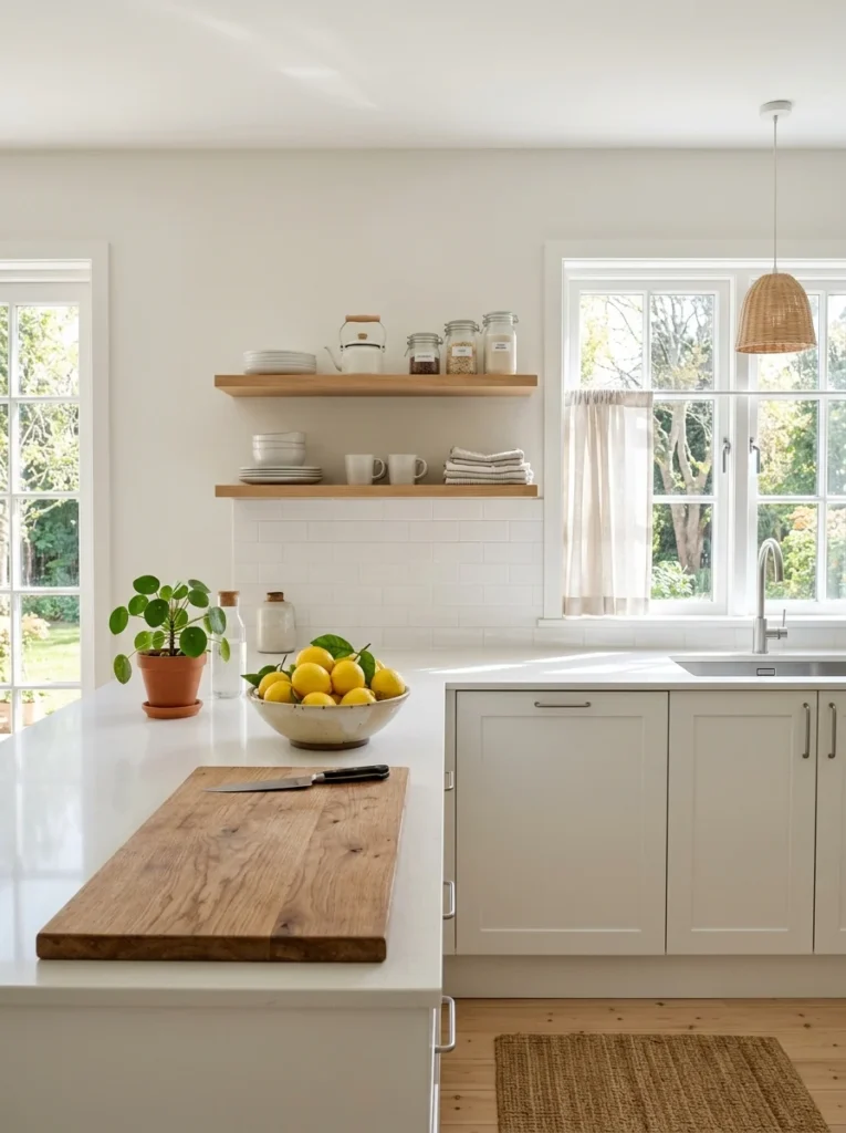 Freshly painted kitchen with decluttered countertops and minimalist styling.