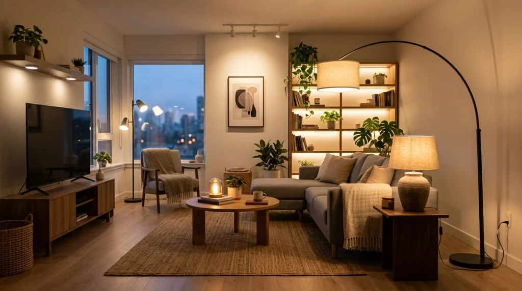 Living room using plug-in lamps, smart bulbs, and LED lighting without rewiring.