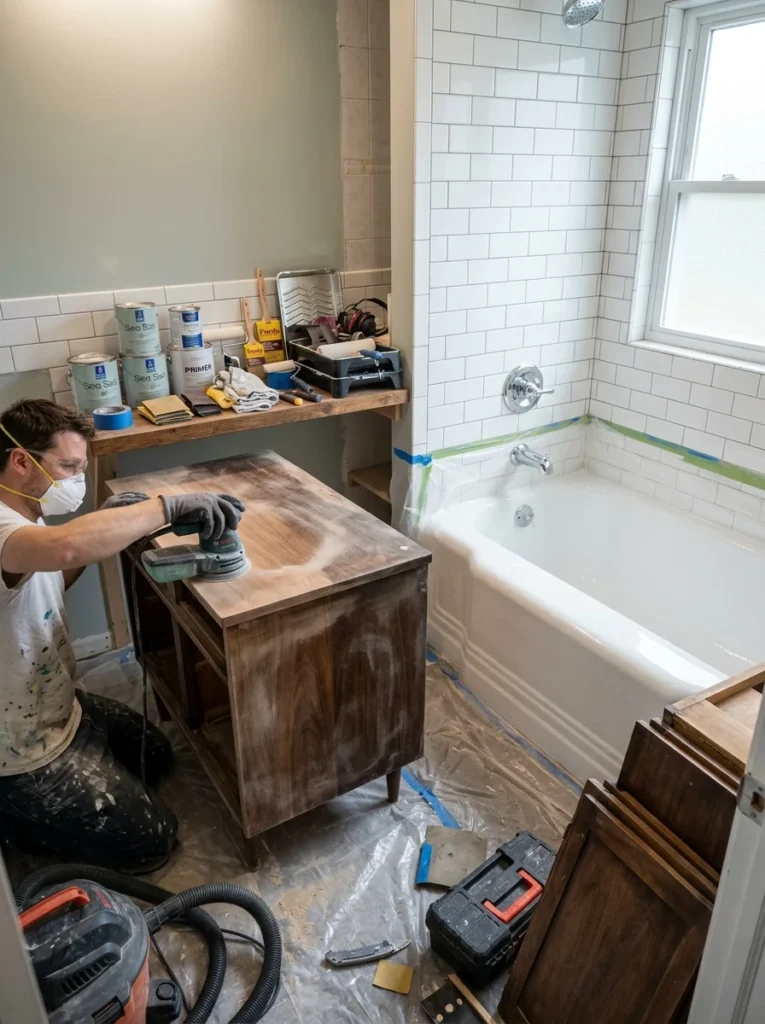 Repainting a bathroom vanity and refinishing a bathtub to save renovation costs.