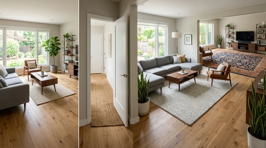 Examples of incorrect and correct rug sizing in a modern living room.