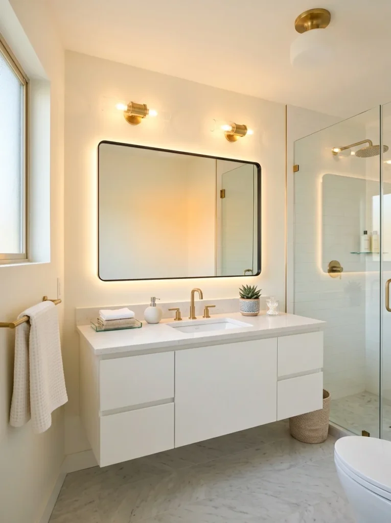 Bright guest bathroom illuminated with modern vanity lighting