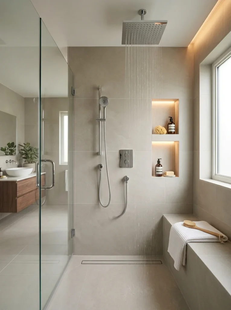 Luxury curbless walk-in shower with frameless glass and rainfall showerhead