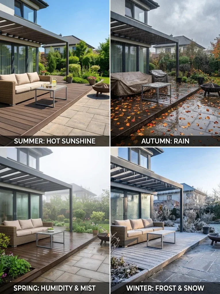 Outdoor surfaces exposed to sun, rain, and winter conditions.