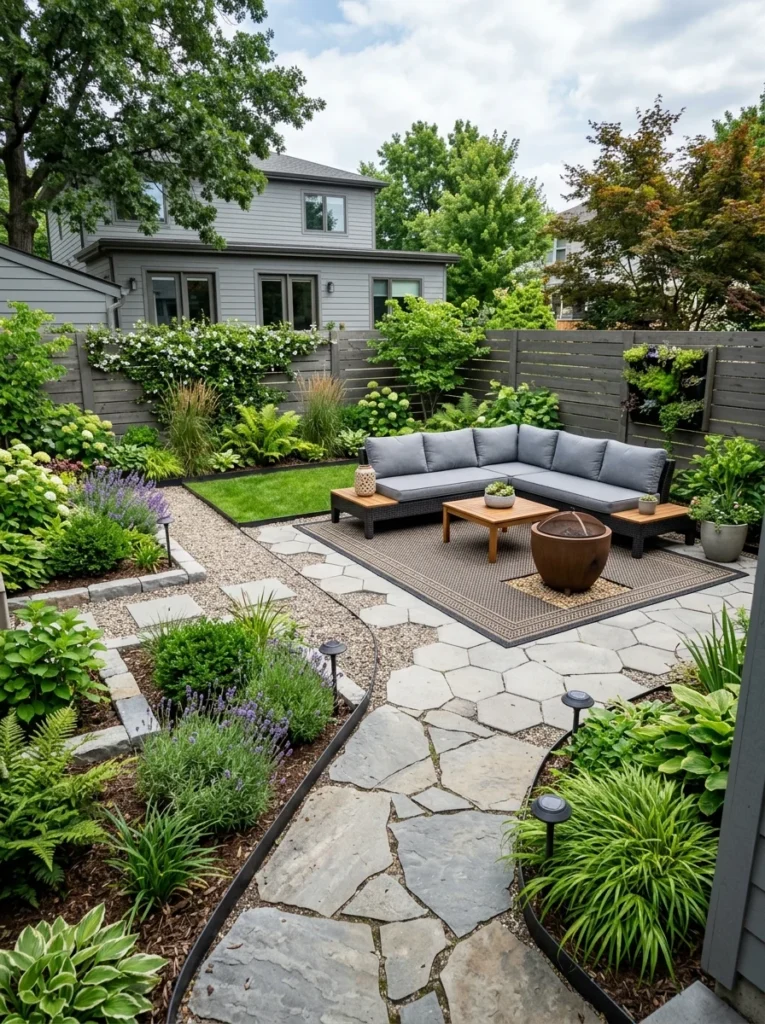 Clearly defined backyard borders with pavers and garden edging.