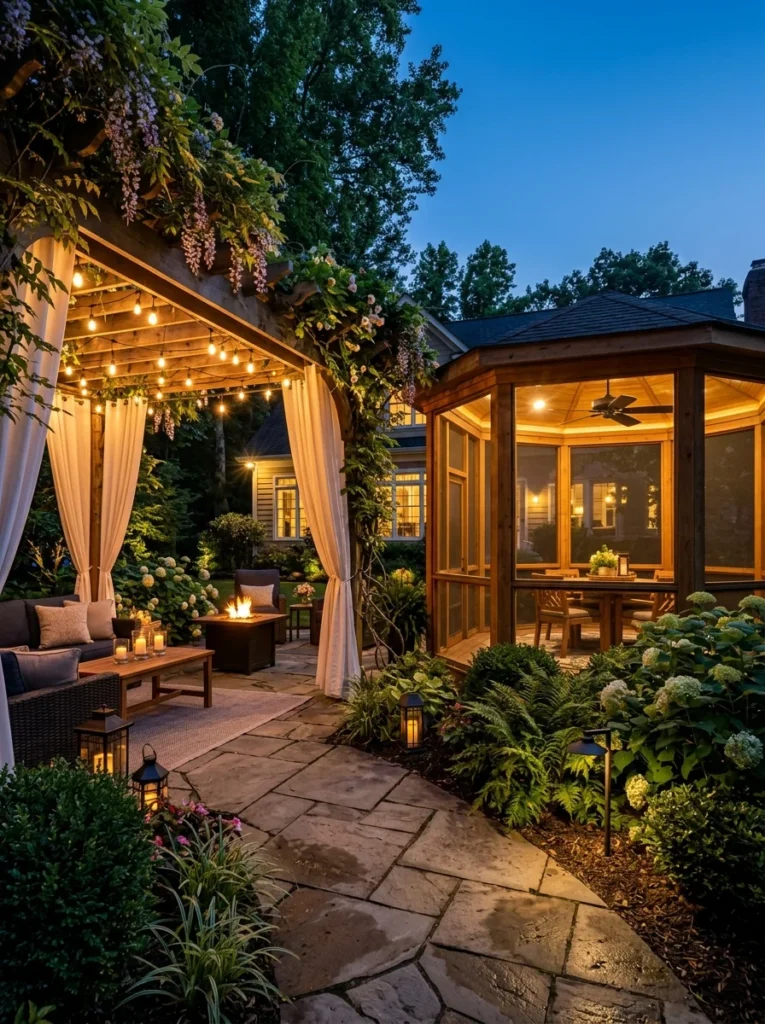 Pergola decorated with lights and curtains beside a gazebo with built-in lighting and fan