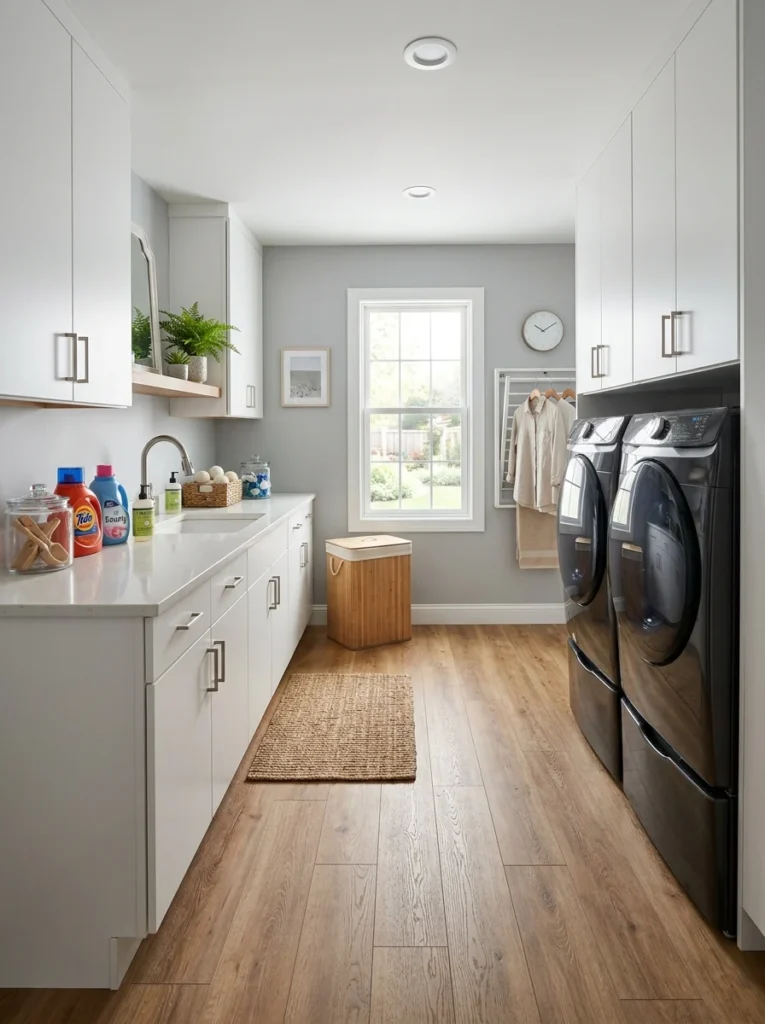 Waterproof vinyl flooring in a modern laundry room.